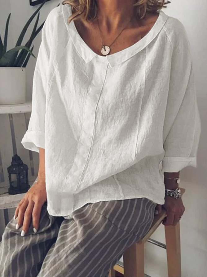 Women Plain Lightweight Shawl Collar 3/4 Sleeve Cotton and Linen Blouse