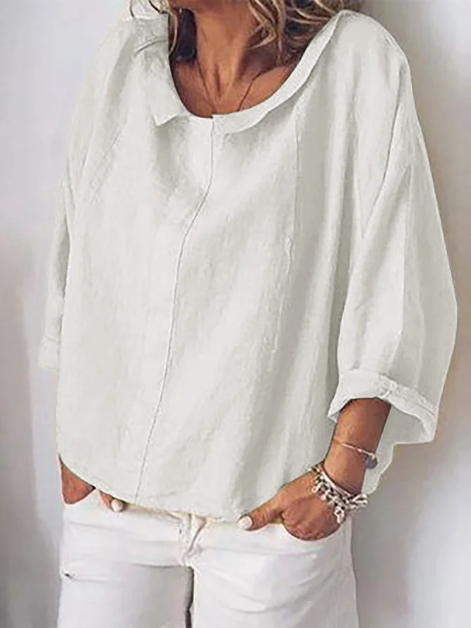Women Plain Lightweight Shawl Collar 3/4 Sleeve Cotton and Linen Blouse