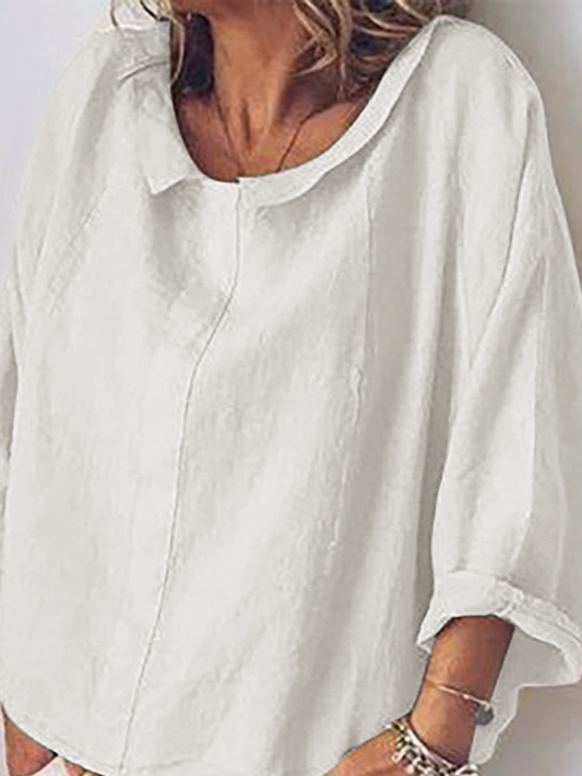 Women Plain Lightweight Shawl Collar 3/4 Sleeve Cotton and Linen Blouse