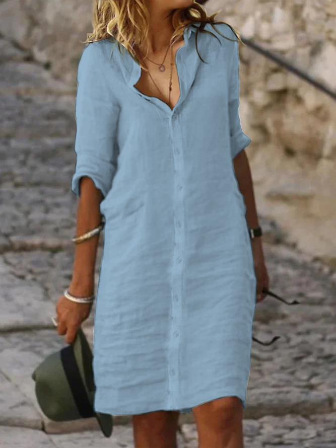 Women Casual Loose Half Sleeve Button Down Shirt Collar Plain Cotton and Linen Shirt Dress