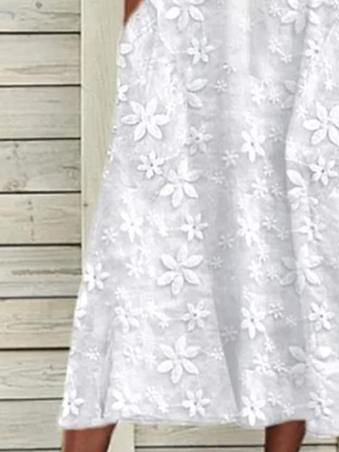 Women Elegant Plain V Neck Button Pockets Lace Floral Loose Cotton And Linen Dress