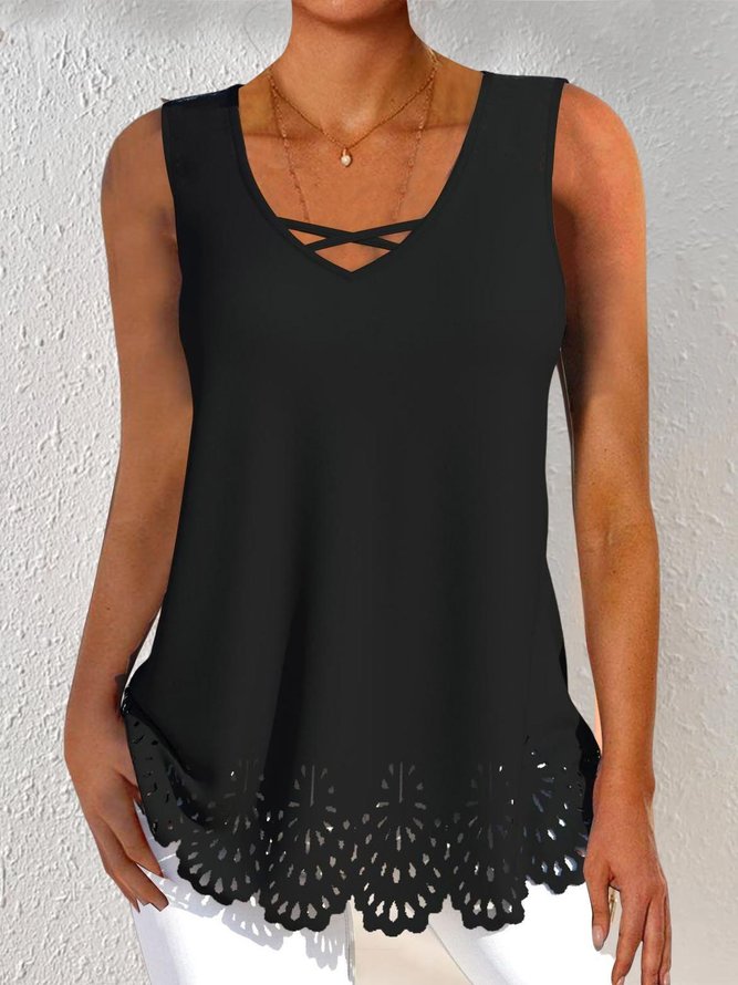 Women Casual Plain V Neck Hollow Out Hem Loose Sleeveless Tank Top