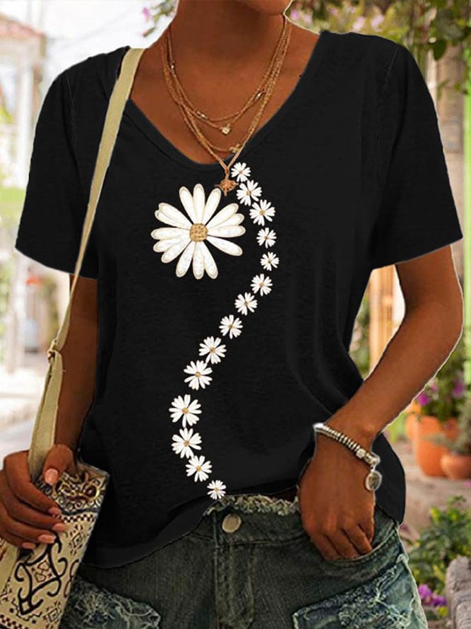 Women Casual Floral Daisy V Neck Loose Short Sleeve Summer T-Shirt