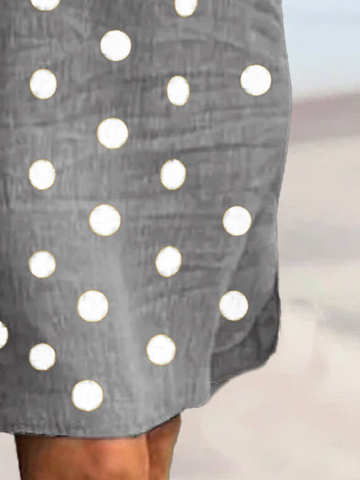 Women Casual Polka Dots Cowl Neck Short Sleeve Loose Cotton and Linen Dress
