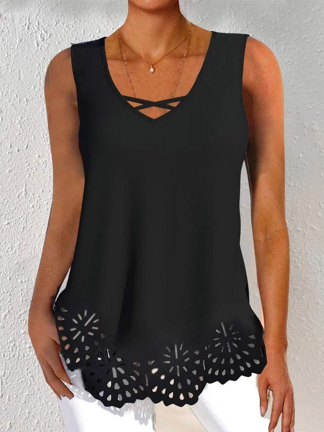 Women Casual Plain V Neck Hollow Out Hem Loose Sleeveless Tank Top