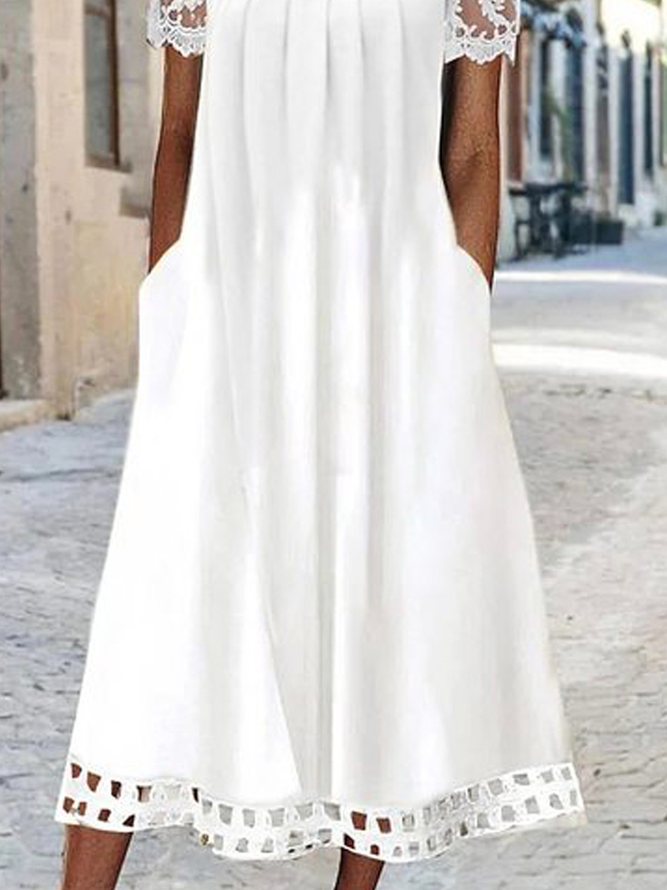 Women Elegant Square Neck Hollow Out Hem Mesh Floral Lace Short Sleeve Pockets Dress