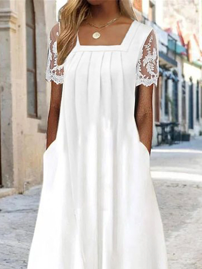 Women Elegant Square Neck Hollow Out Hem Mesh Floral Lace Short Sleeve Pockets Dress