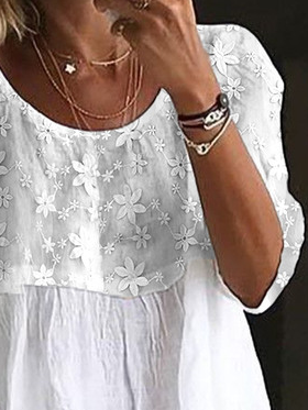 Women Elegant Lace Embroidery Patchwork Loose Three Quarter Sleeve Tunic Top