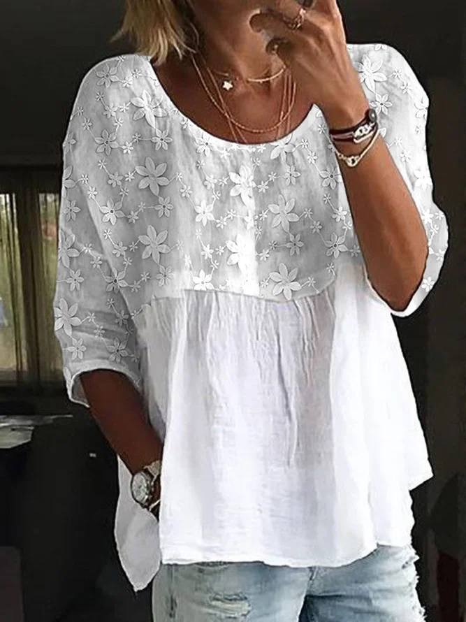 Women Elegant Lace Embroidery Patchwork Loose Three Quarter Sleeve Tunic Top