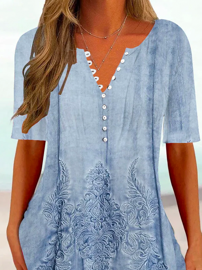 Women Casual Ethnic Loose V Neck Button Short Sleeve Tunic Top