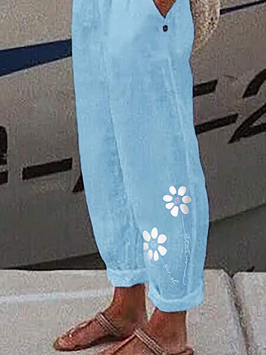 Women Casual Floral Loose Pockets Elastic Waist Pants Ankle Length Pants