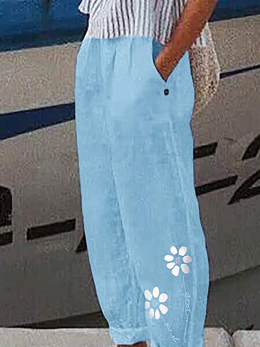 Women Casual Floral Loose Pockets Elastic Waist Pants Ankle Length Pants