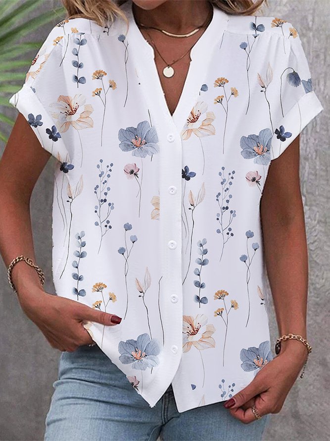 Women Casual Floral Buttoned Down Loose Short Sleeve Blouse
