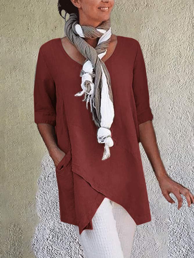 Women Solid Asymmetrical Hem Pockets Half Sleeve Casual Plus Size Cotton Linen Tunic Top