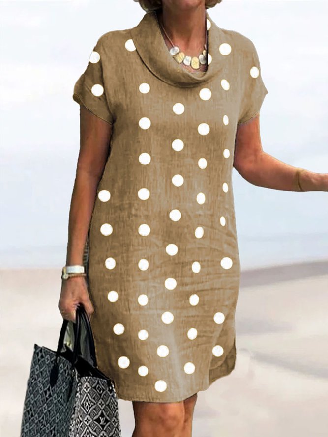 Women Casual Polka Dots Cowl Neck Short Sleeve Loose Cotton and Linen Dress