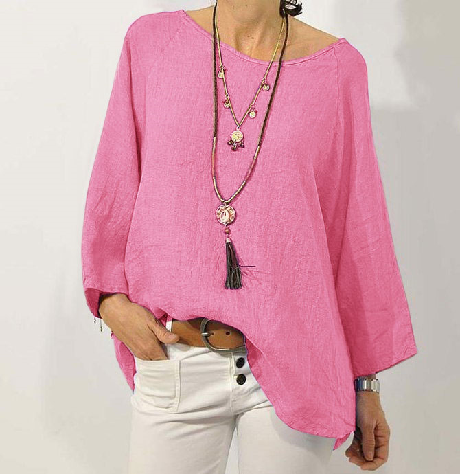 Women Plain Loose Casual Crew Neck Long sleeve Cotton and Linen Tunic Top