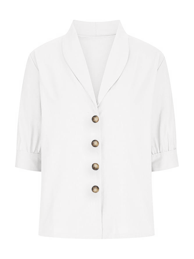 Women Plain Elegant Button Down Collar Loose Short Sleeve Cotton Linen Blouse