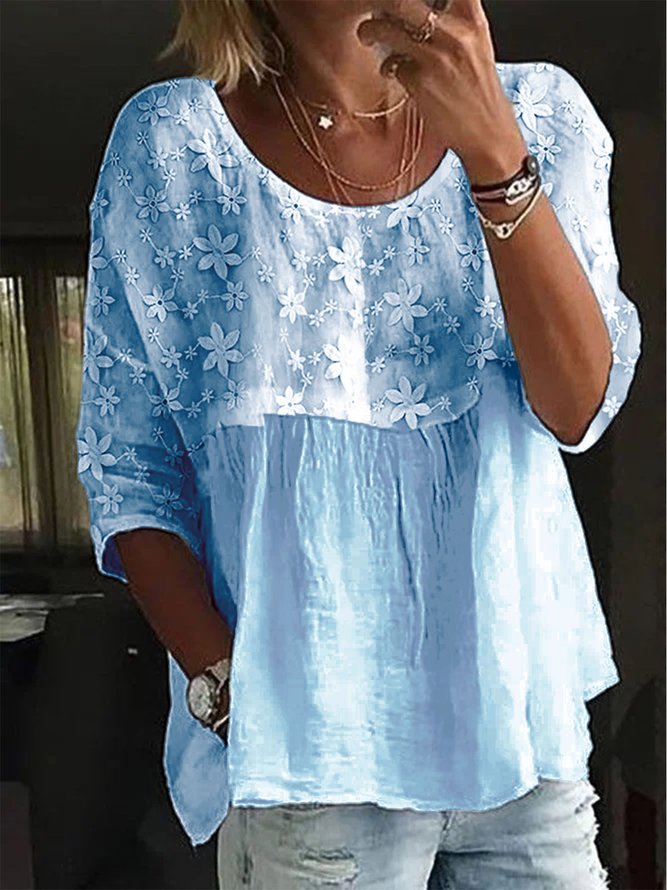 Women Elegant Lace Embroidery Patchwork Loose Three Quarter Sleeve Tunic Top