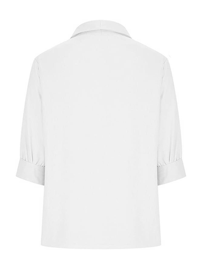 Women Plain Elegant Button Down Collar Loose Short Sleeve Cotton Linen Blouse