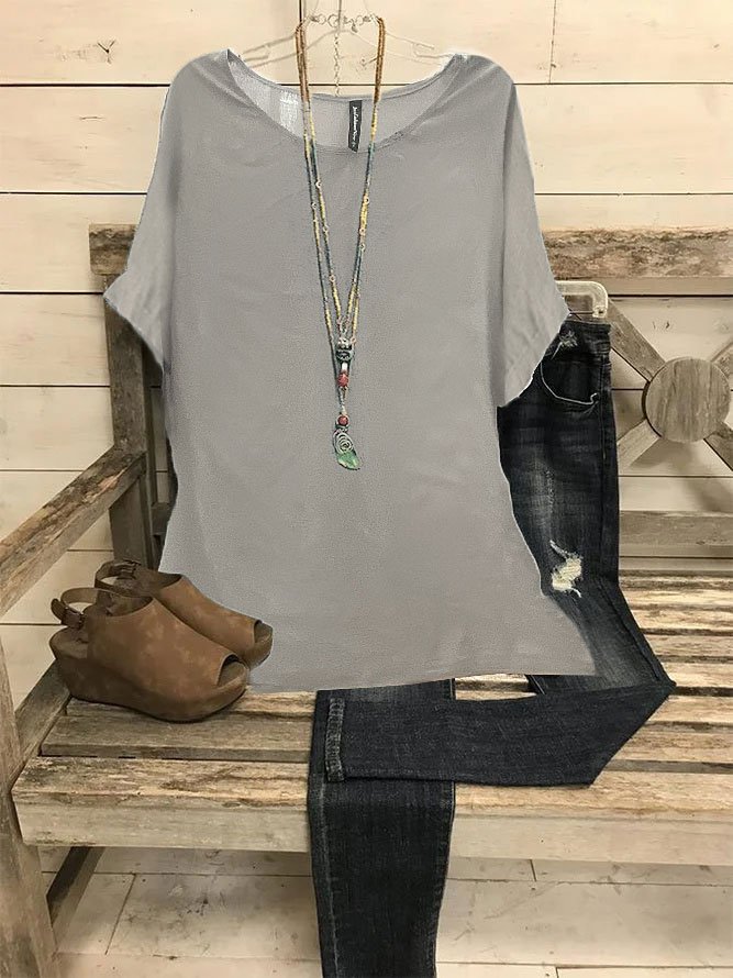 Summer Loose Solid Casual Short Sleeve Cotton and Linen Tunic Top