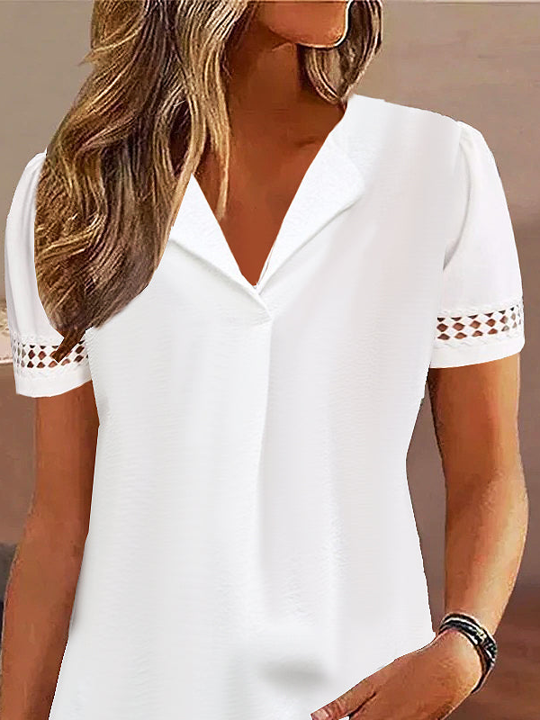 Women Plain V Neck Hollow Out Lace Short Sleeve Tunic Top