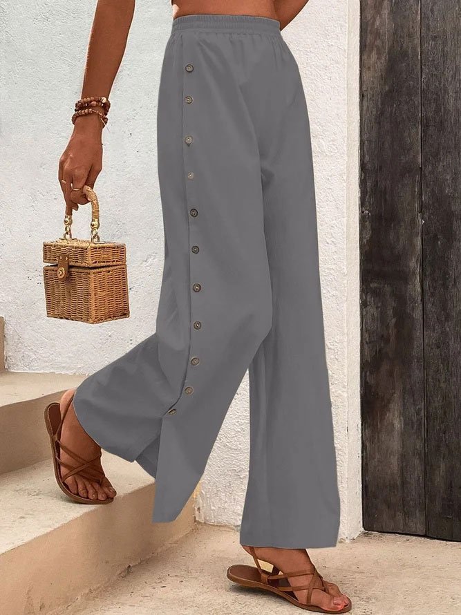 Women Casual Plain Button Detail Split Hem Loose Elastic Waist Wide Leg Pants
