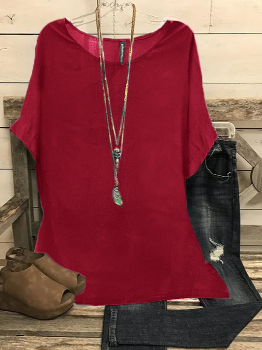 Summer Loose Solid Casual Short Sleeve Cotton and Linen Tunic Top