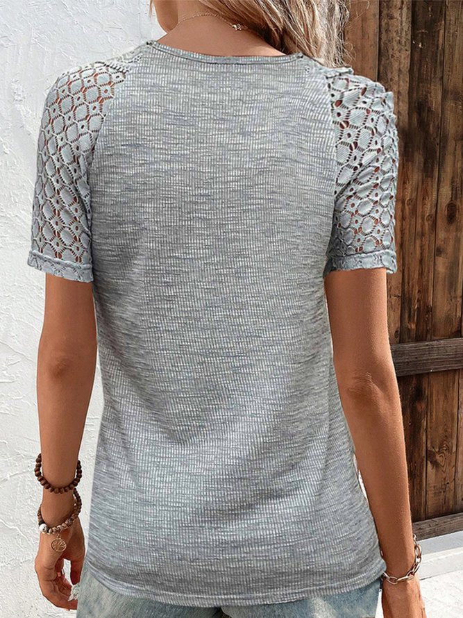 Women Casual V Neck Button Hollow Out Lace Plain Summer Short Sleeve T-Shirt