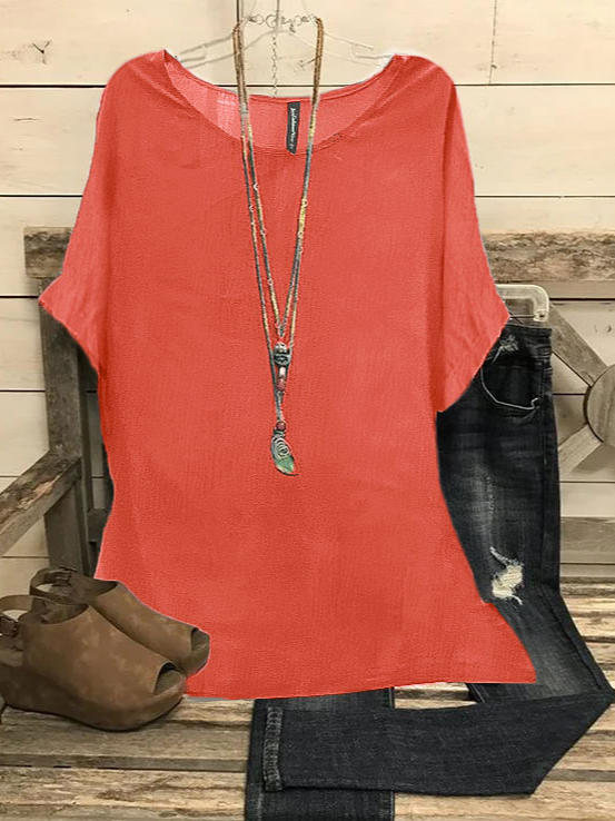 Summer Loose Solid Casual Short Sleeve Cotton and Linen Tunic Top