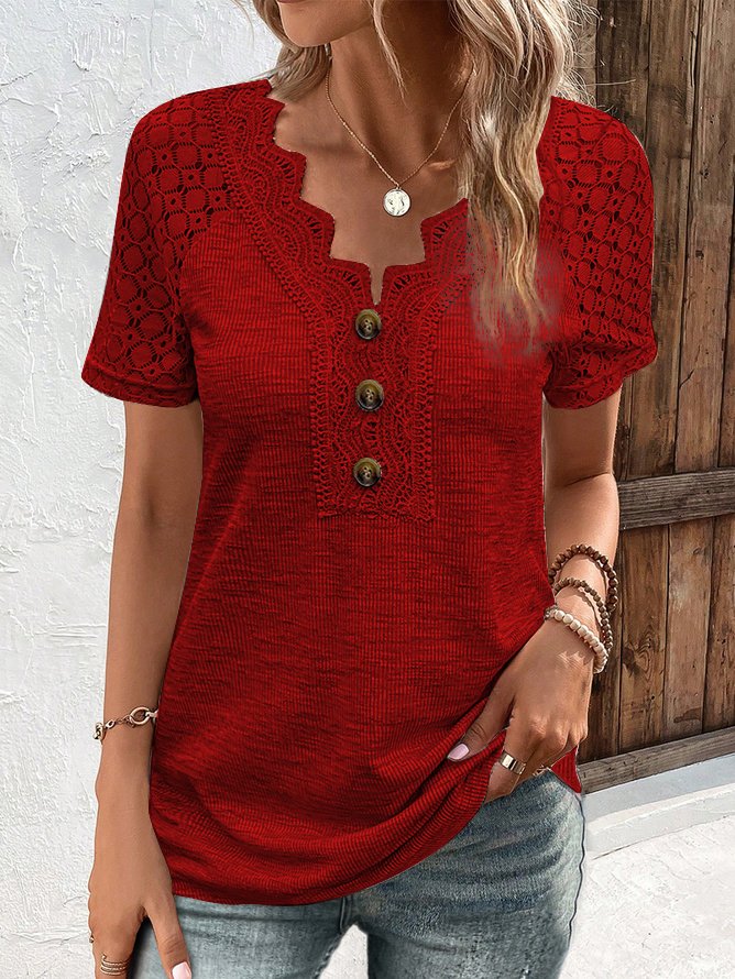 Women Casual V Neck Button Hollow Out Lace Plain Summer Short Sleeve T-Shirt