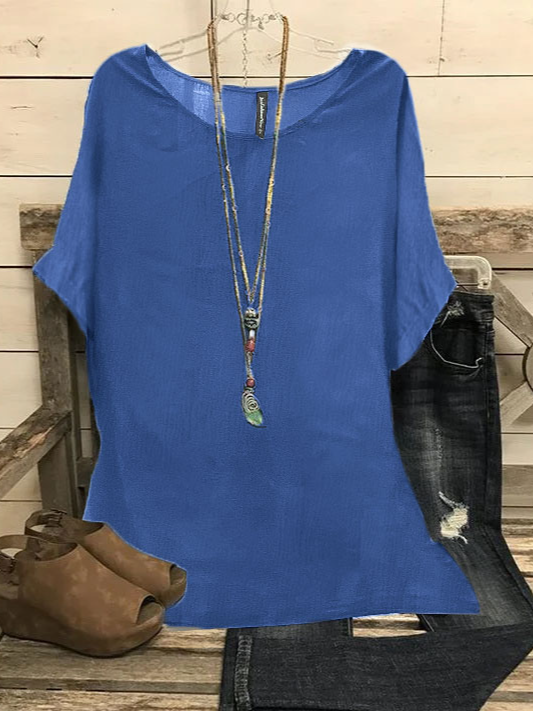 Summer Loose Solid Casual Short Sleeve Cotton and Linen Tunic Top