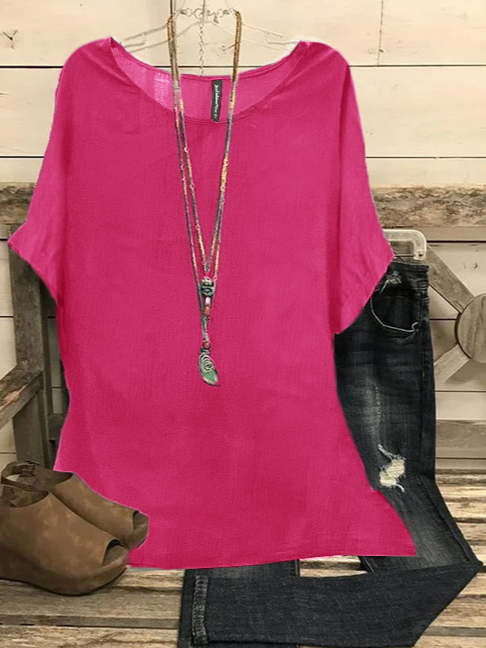 Summer Loose Solid Casual Short Sleeve Cotton and Linen Tunic Top