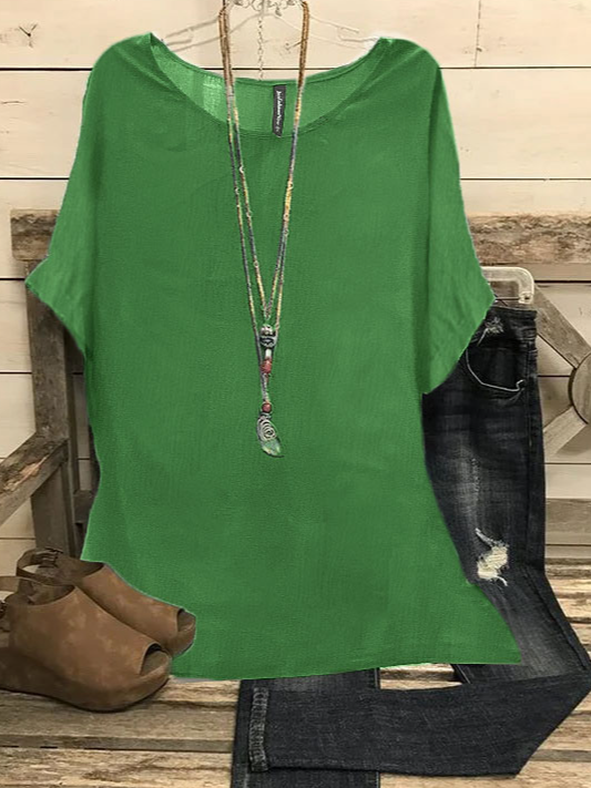 Summer Loose Solid Casual Short Sleeve Cotton and Linen Tunic Top