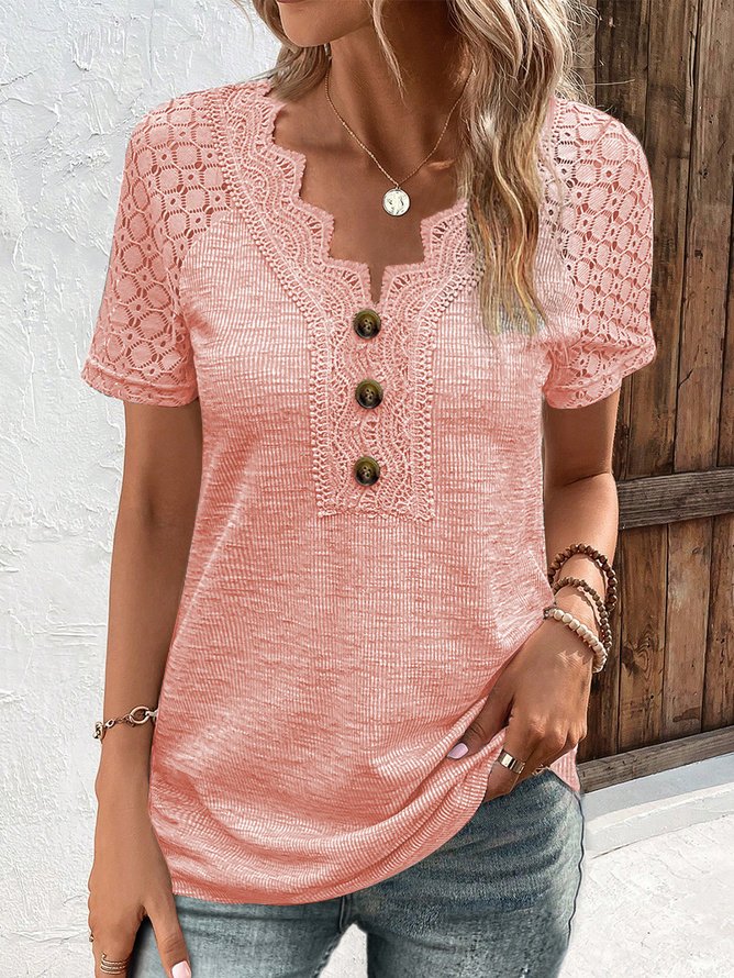 Women Casual V Neck Button Hollow Out Lace Plain Summer Short Sleeve T-Shirt