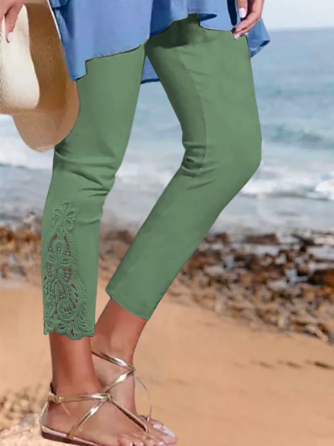 Women Casual Plain Hollow Out Lace Leggings Ankle Pants