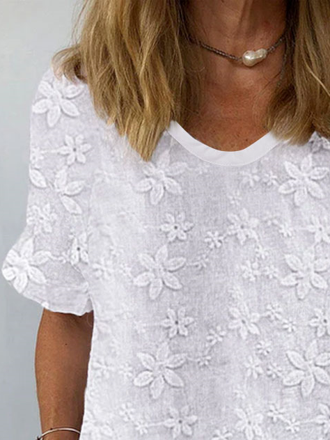 Women Summer Floral Lace White Linen Short Sleeve T-shirt