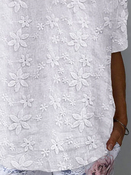 Women Summer Floral Lace White Linen Short Sleeve T-shirt