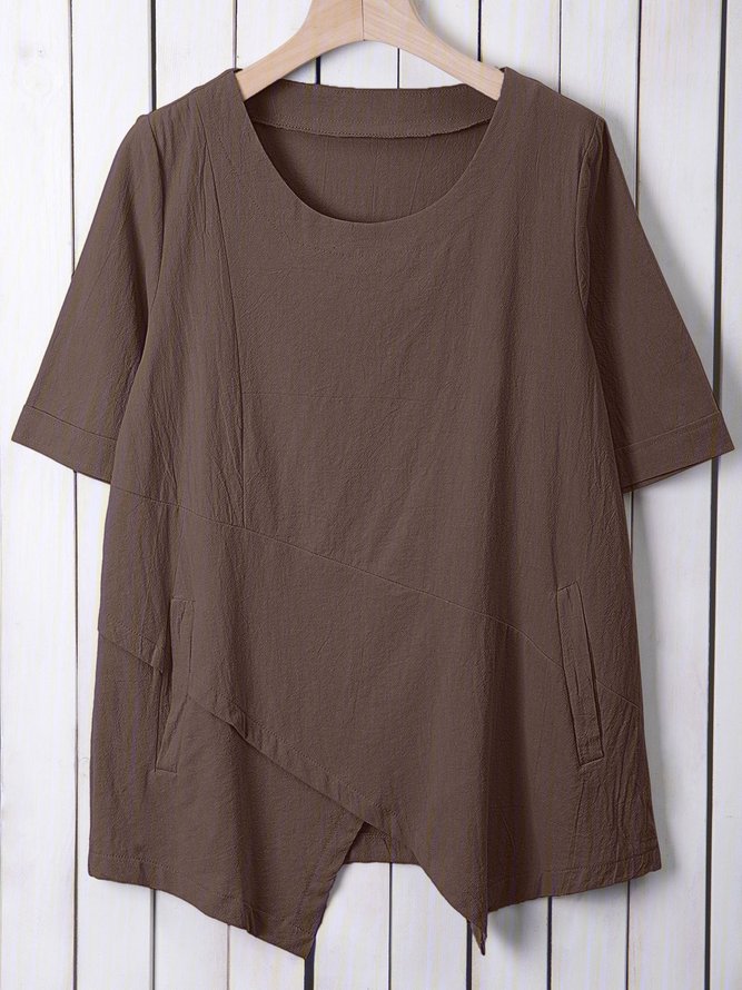 Women Solid Asymmetrical Hem Pockets Half Sleeve Casual Plus Size Cotton Linen Tunic Top