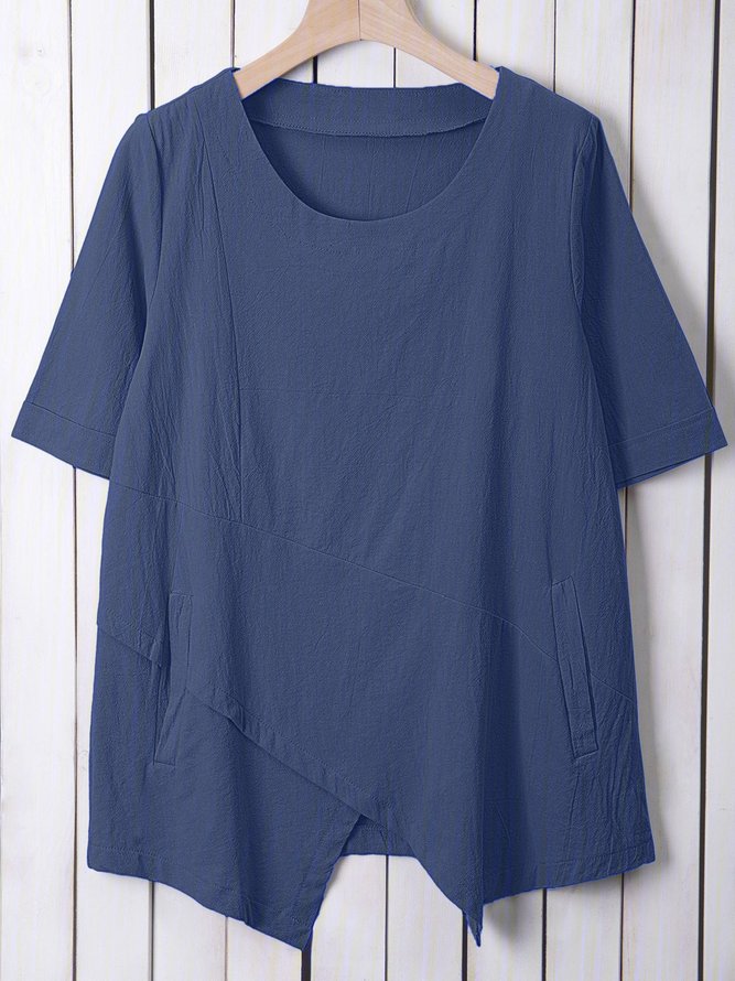Women Solid Asymmetrical Hem Pockets Half Sleeve Casual Plus Size Cotton Linen Tunic Top