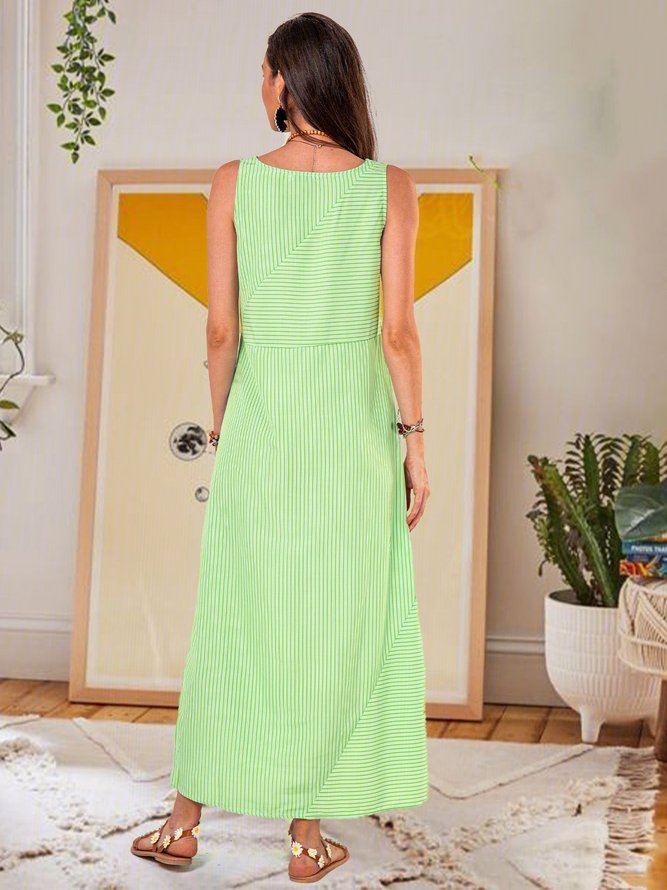Women Casual Plus Size Stripe Crew Neck Sleeveless Split Summer Maxi Dress