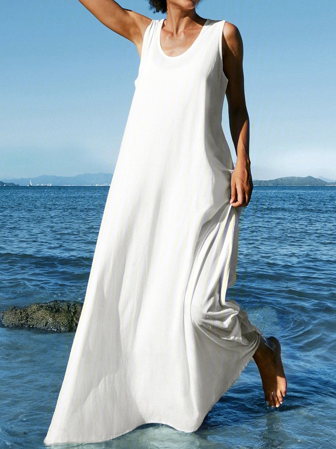 Women Summer Plus Size Sleeveless U-Neck Linen Maxi Knitting Dress