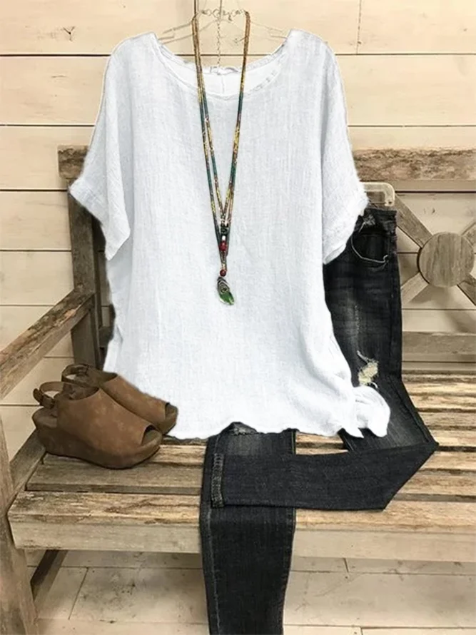 Summer Loose Solid Casual Short Sleeve Cotton and Linen Tunic Top