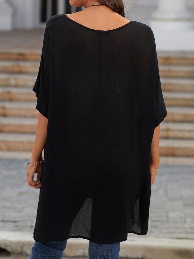 Summer Loose Solid Casual Short Sleeve Cotton and Linen Tunic Top