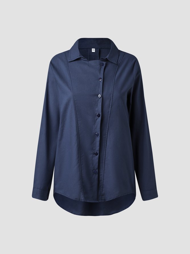 Women Solid Irregular Single-breasted Button Cotton Long Sleeve Linen Blouse