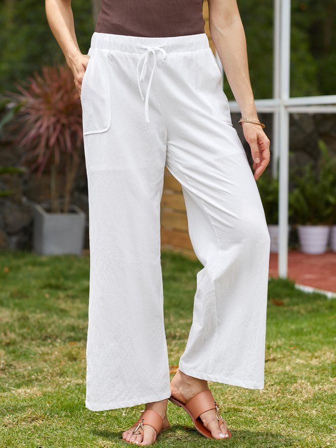 Women Solid Basic Drawstring Waist Linen Cotton Wide Leg Pants With Pockets