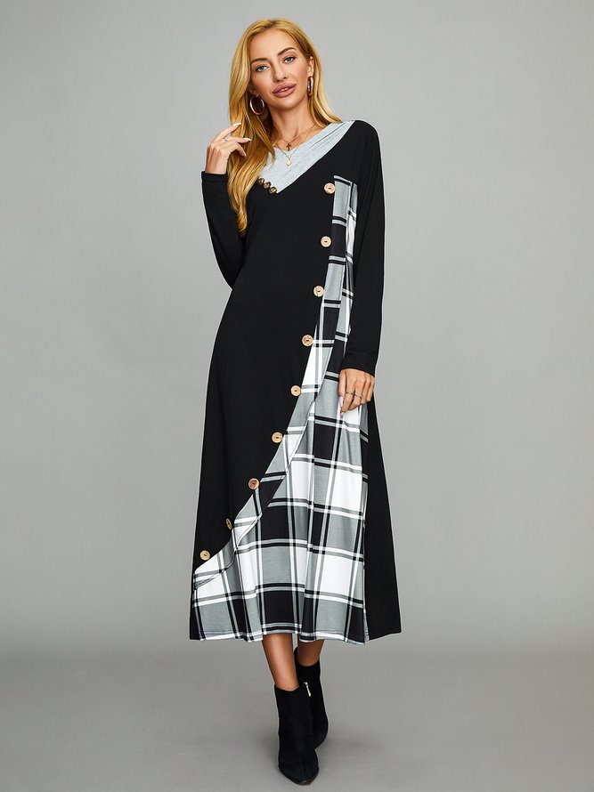 Casual Grid with Buttons Cowl Neck Loose Dress
