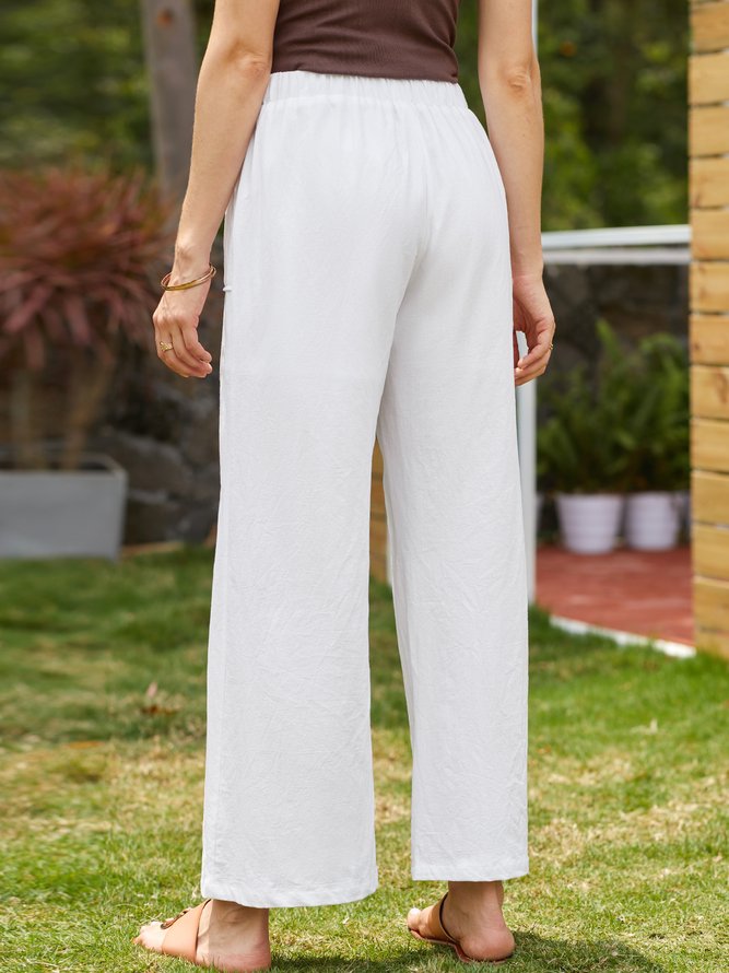 Women Solid Basic Drawstring Waist Linen Cotton Wide Leg Pants With Pockets