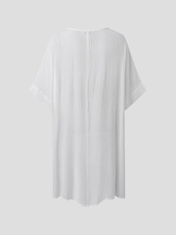 Summer Loose Solid Casual Short Sleeve Cotton and Linen Tunic Top