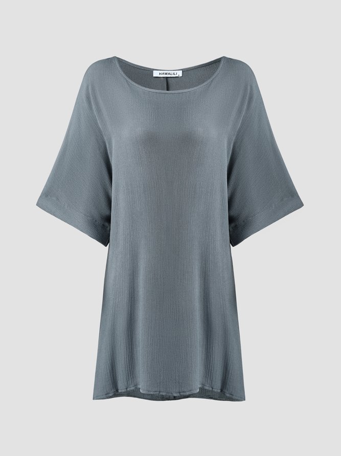 Summer Loose Solid Casual Short Sleeve Cotton and Linen Tunic Top
