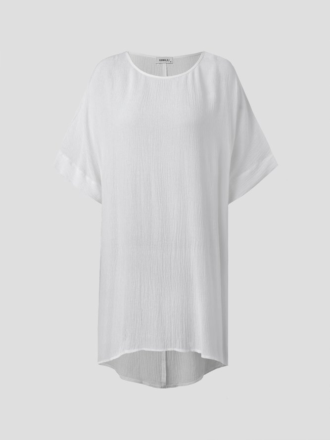 Summer Loose Solid Casual Short Sleeve Cotton and Linen Tunic Top